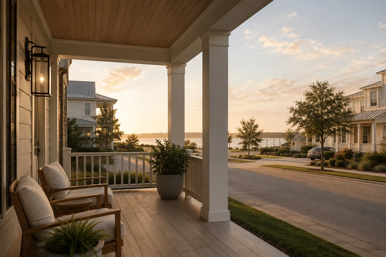 Dawn light on a covered front porch at Amberlyn Shores, porch columns and railings catching the first color of morning.