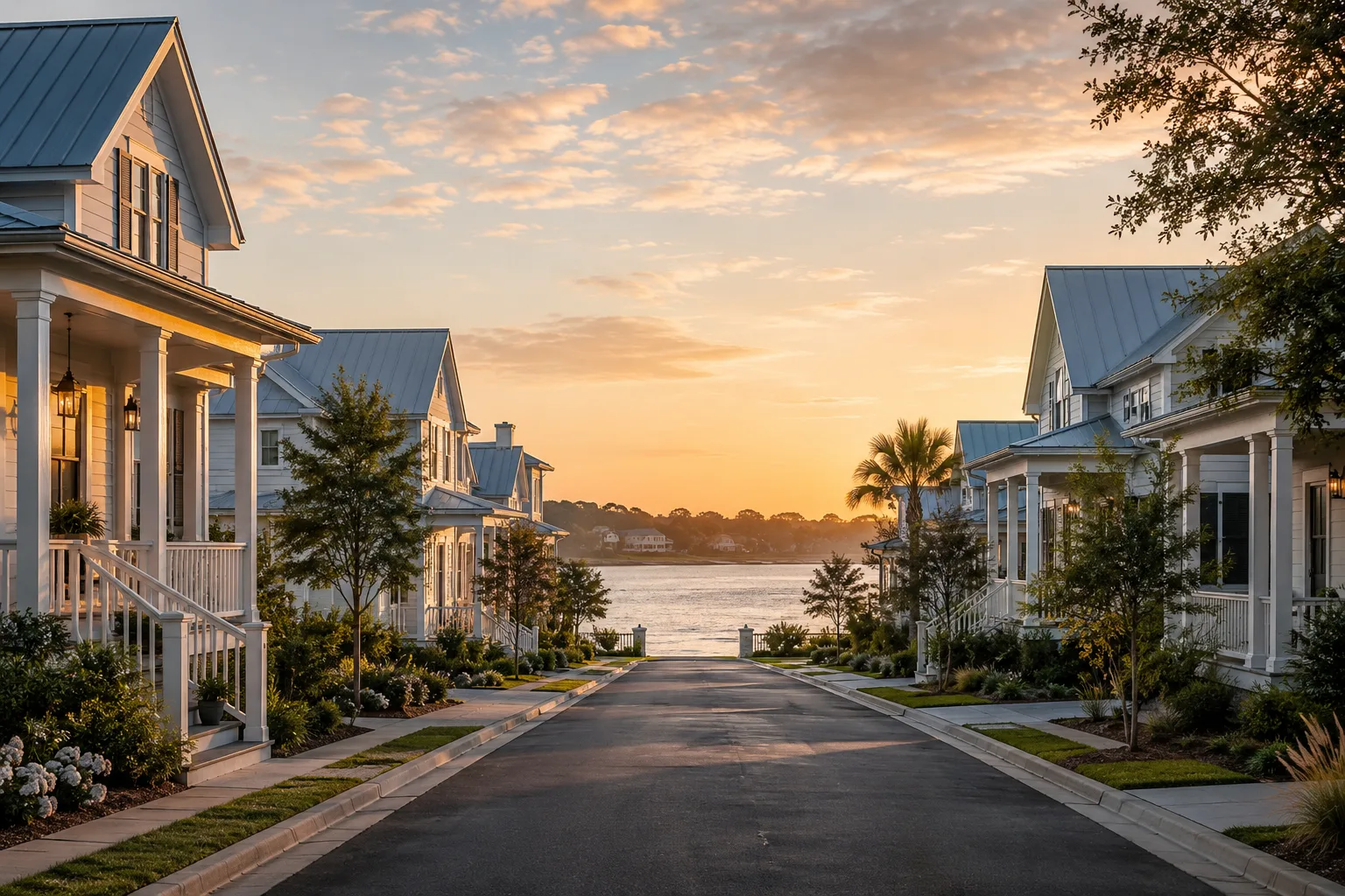 A quiet residential street at Amberlyn Shores with low-rise coastal homes and water visible at the end of the street in early morning light.