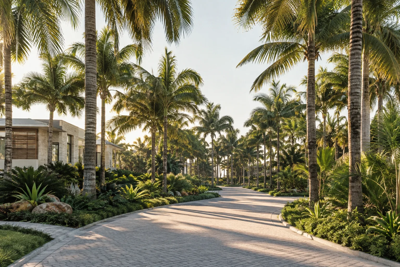 A palm-lined entrance path curving past residences at Egret Landing