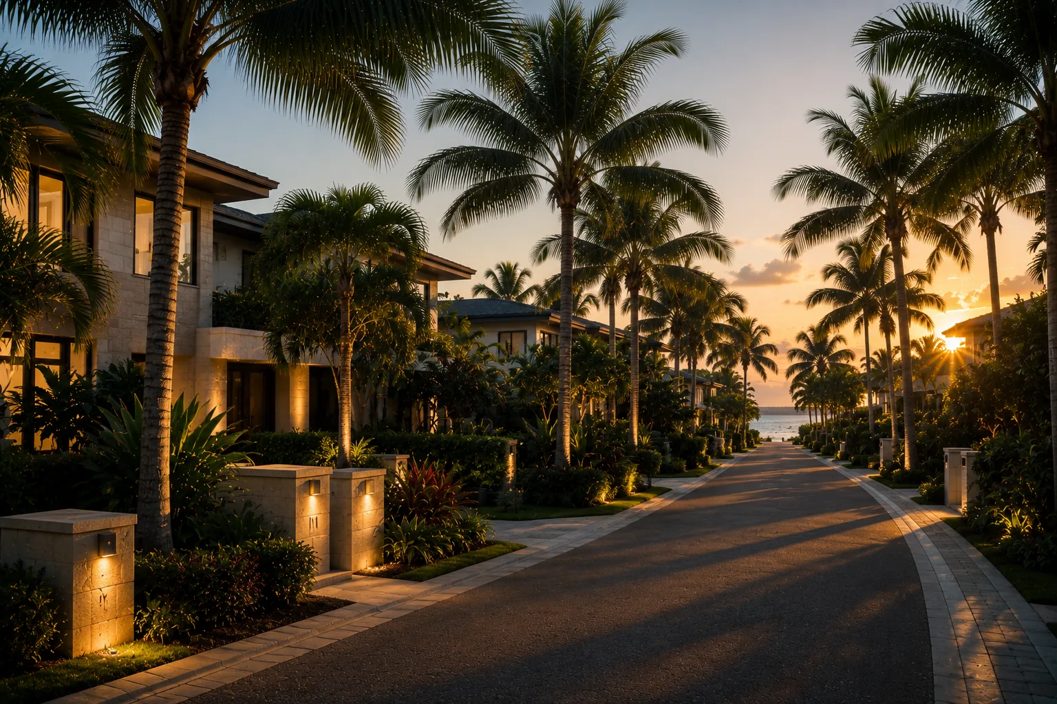 A palm-lined residential street at Egret Landing at golden hour, illuminated by landscape lighting
