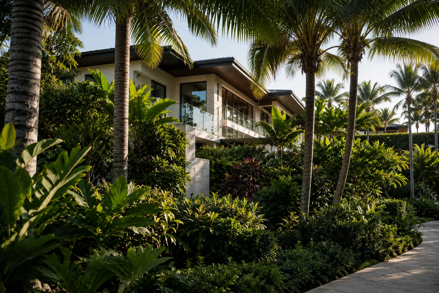A coastal residence at Egret Landing framed by mature palms and tropical planting