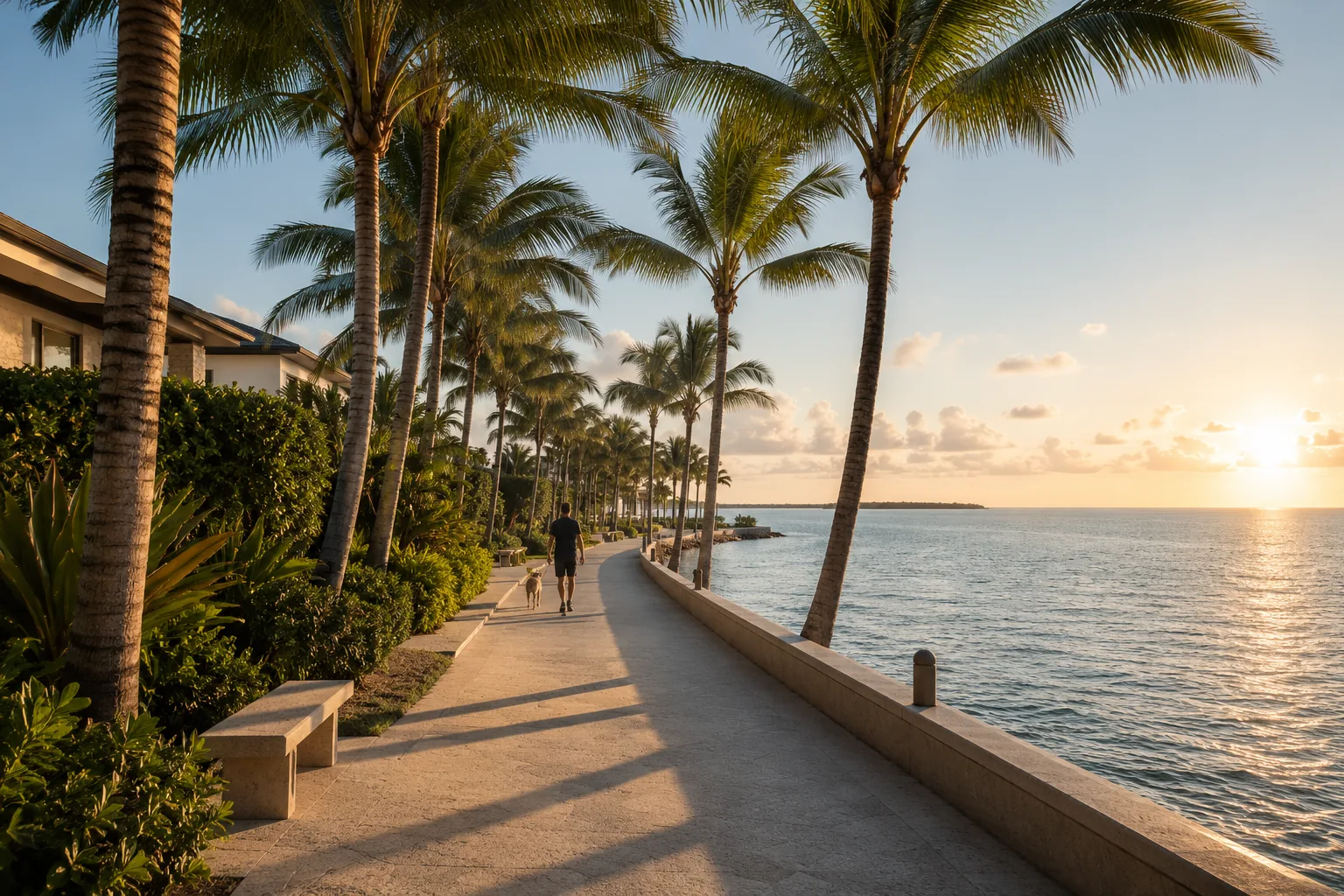 A morning walk along the shoreline promenade at Egret Landing, palms framing open water