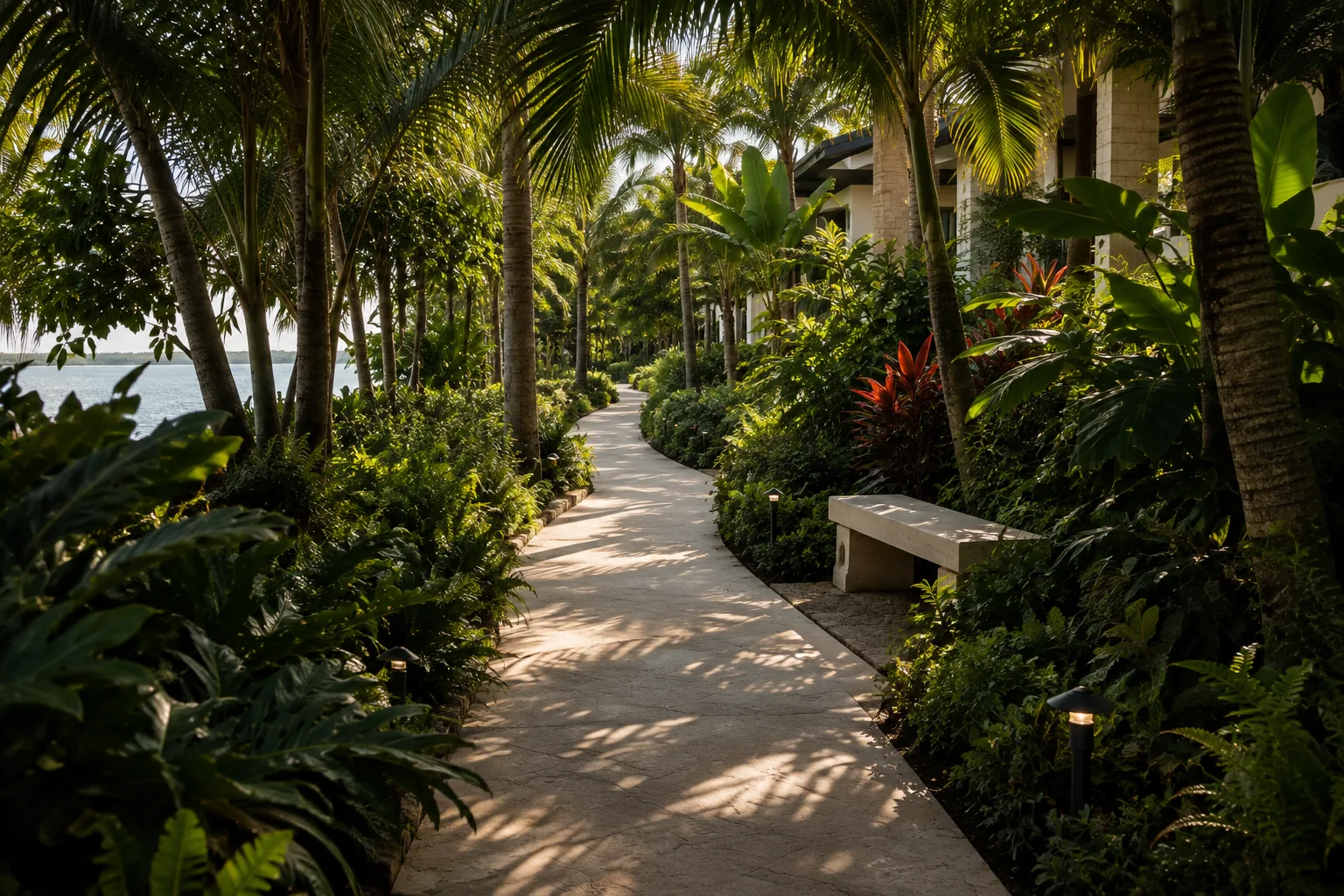 A shaded pedestrian path through tropical landscaping at Egret Landing, with open water beyond