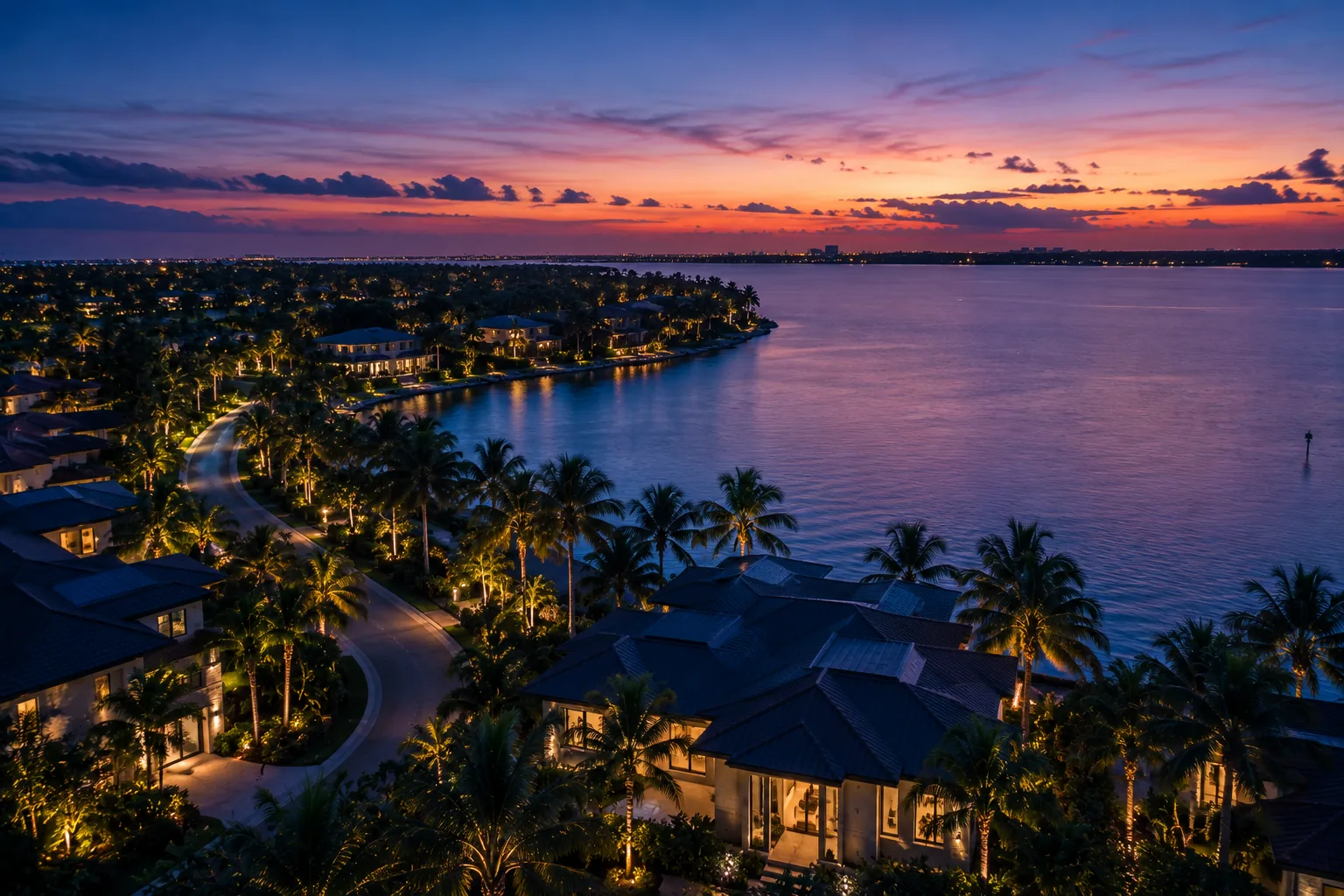 Aerial view of Egret Landing's shoreline at twilight, residences and palm-lined streets illuminated along the water