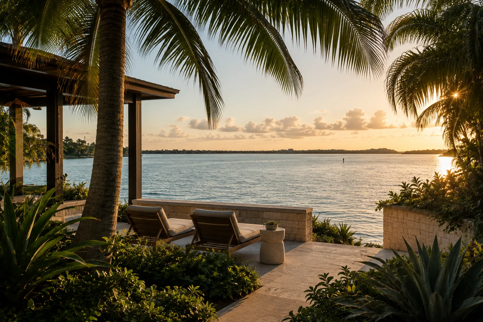 A private outdoor lounge at Egret Landing overlooking open water at dusk