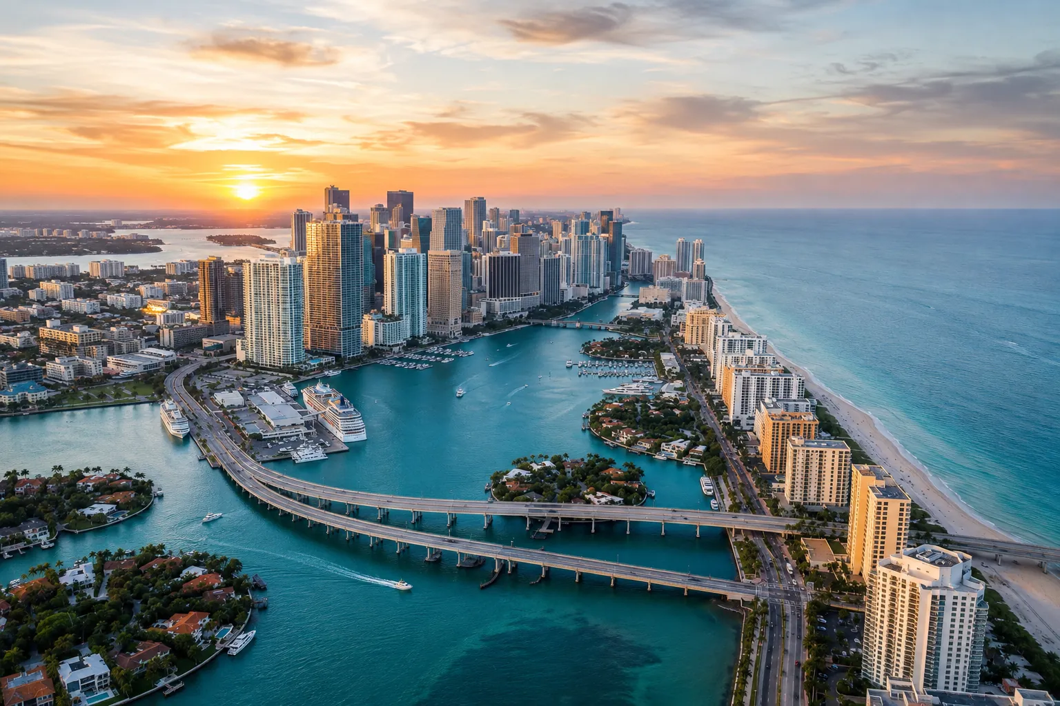 Aerial view of the Miami waterfront and skyline at sunset