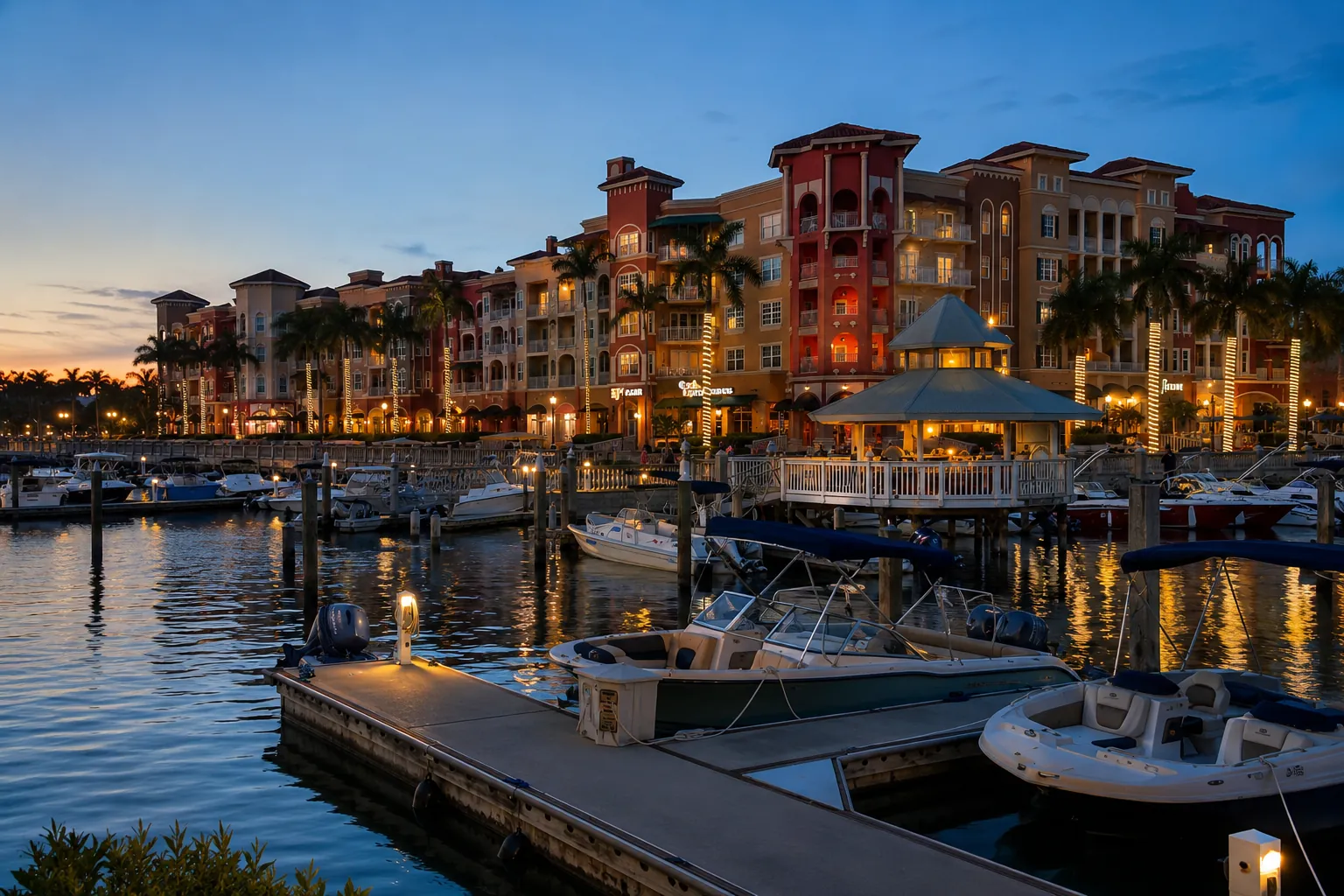 Waterfront marina in Naples with boats and evening lights
