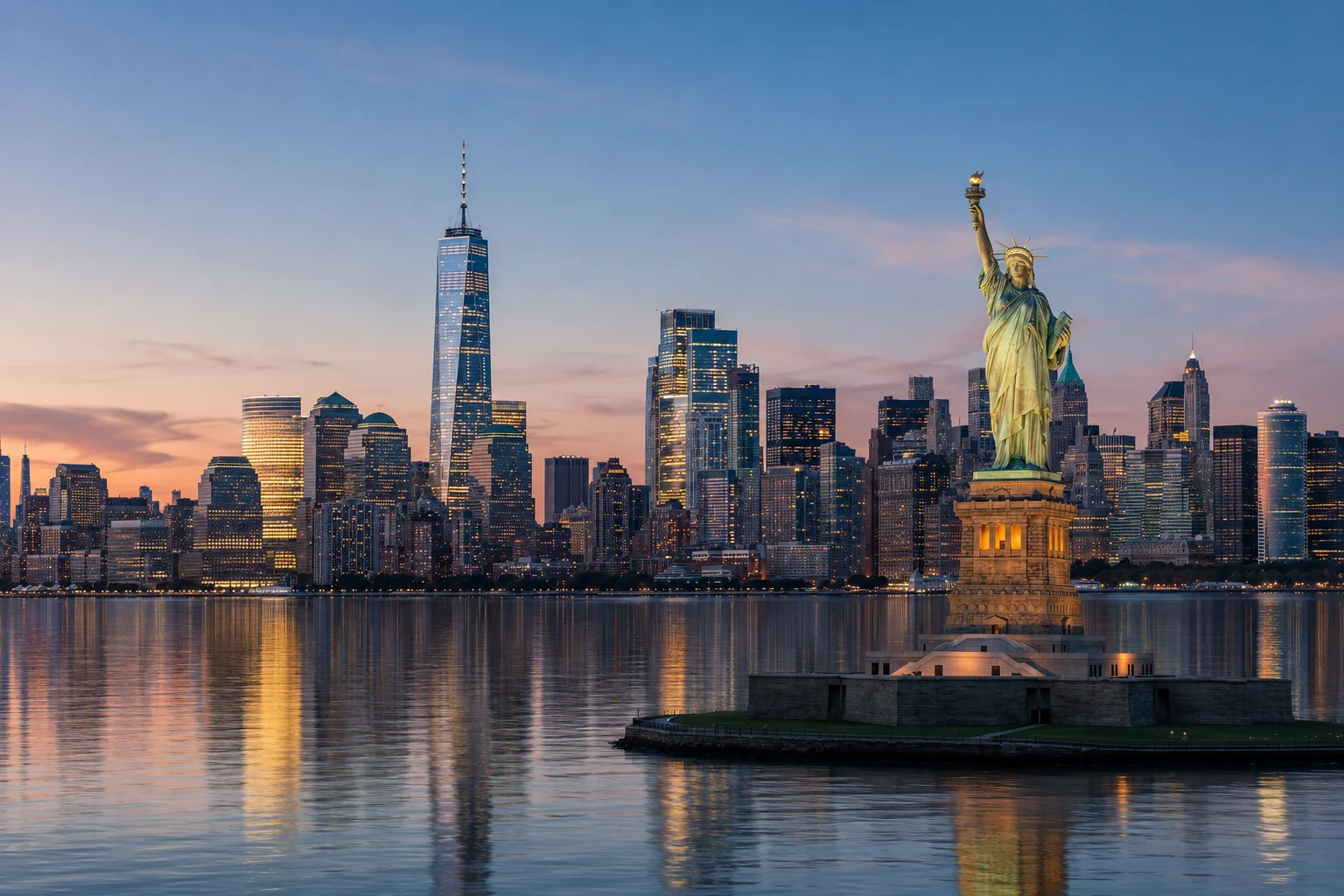 Statue of Liberty with the Lower Manhattan skyline at dusk