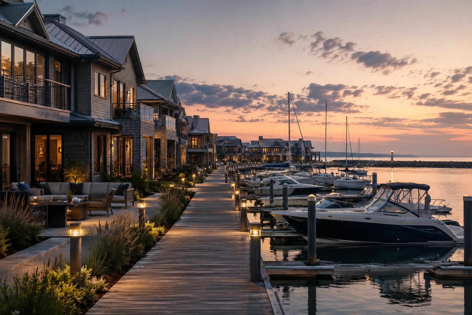 Landscape lighting tracing a dockside terrace at Marlstone Cove at dusk, boats settled at their slips along the marina basin.