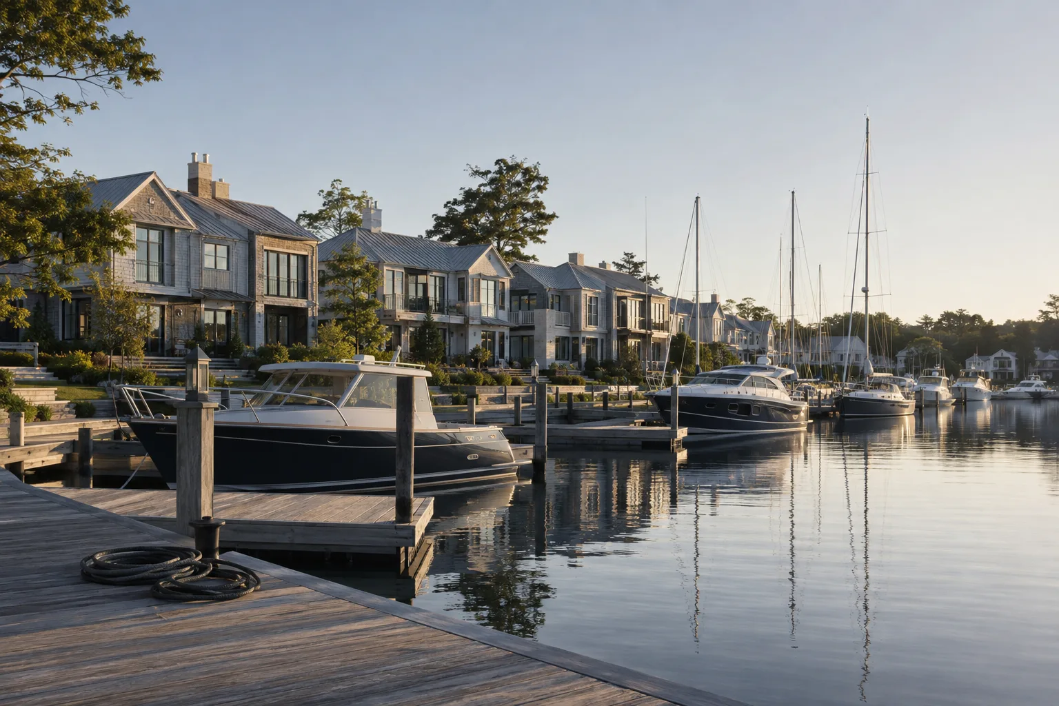 Morning light over calm marina water at Marlstone Cove, sailboats and motor yachts moored at marina slips.