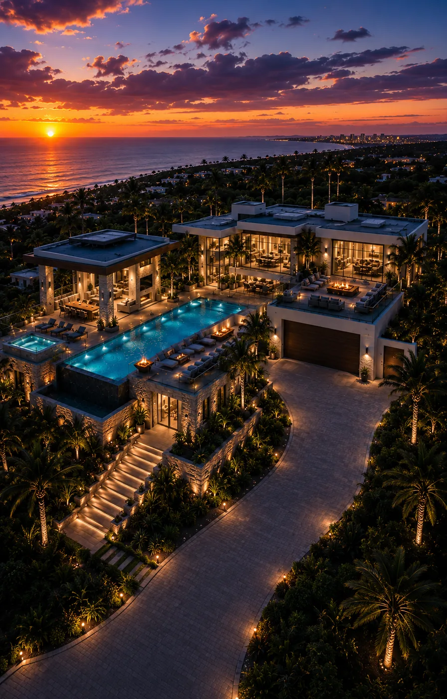 Aerial view of The Meridian House at sunset, showing the pool, motor court, and coastal treeline