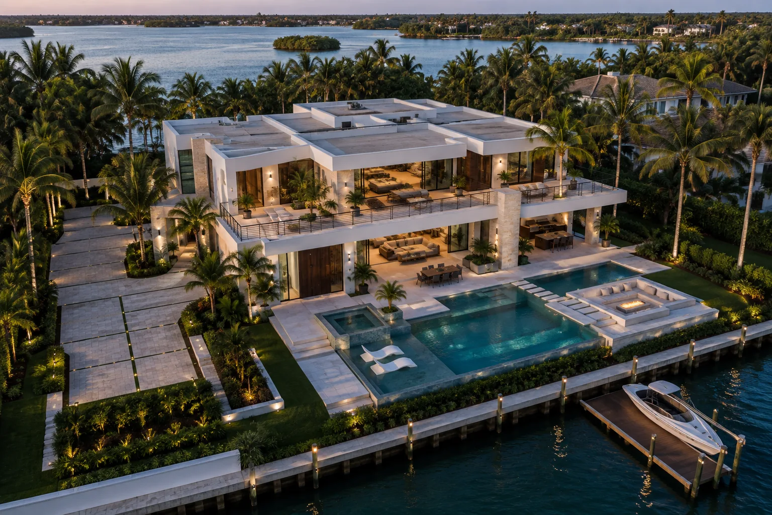 Aerial view of The Tidewater Residence along the Cortesa Bay waterfront.