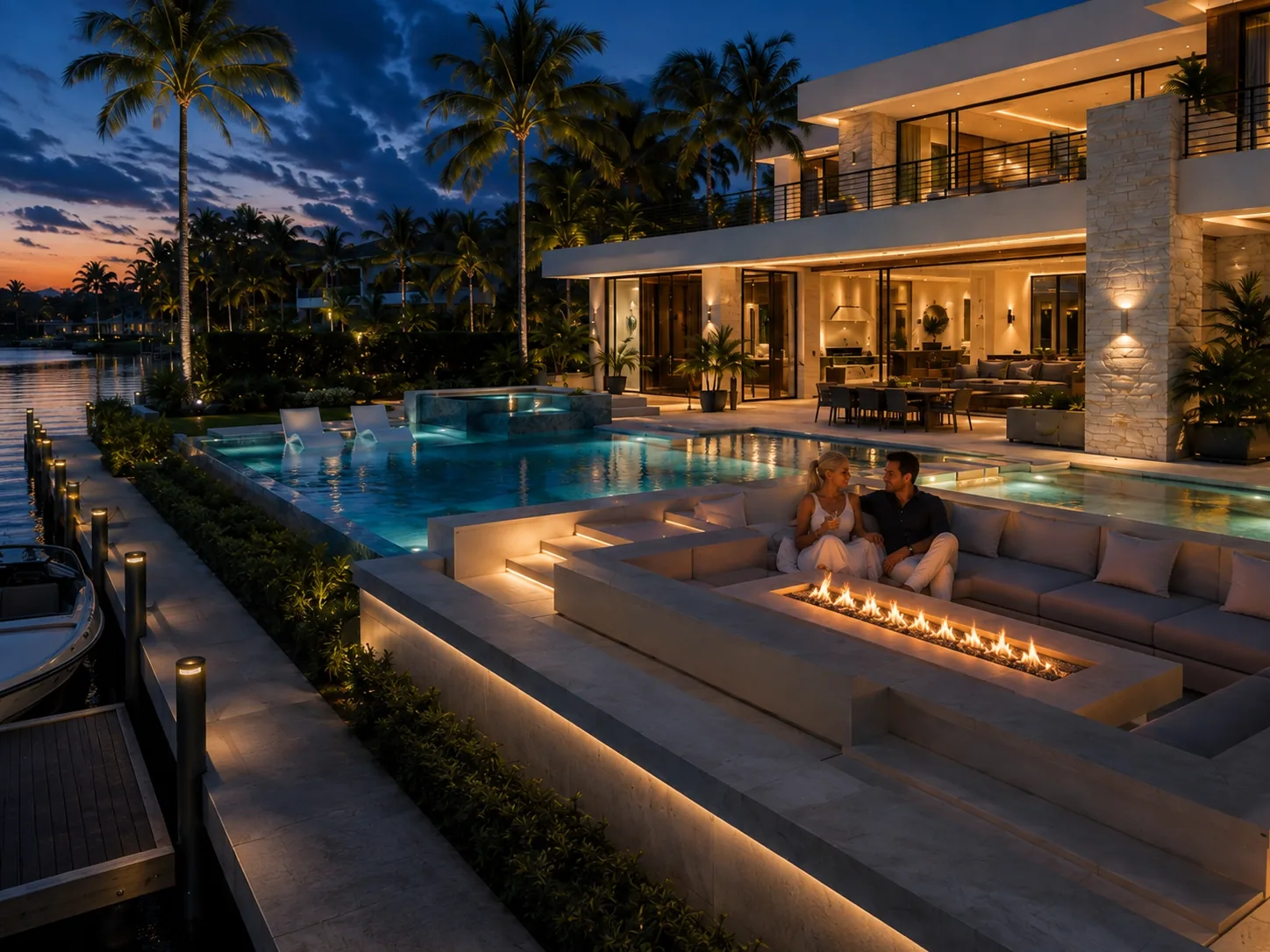 A couple at the fire lounge, The Tidewater Residence, at twilight.