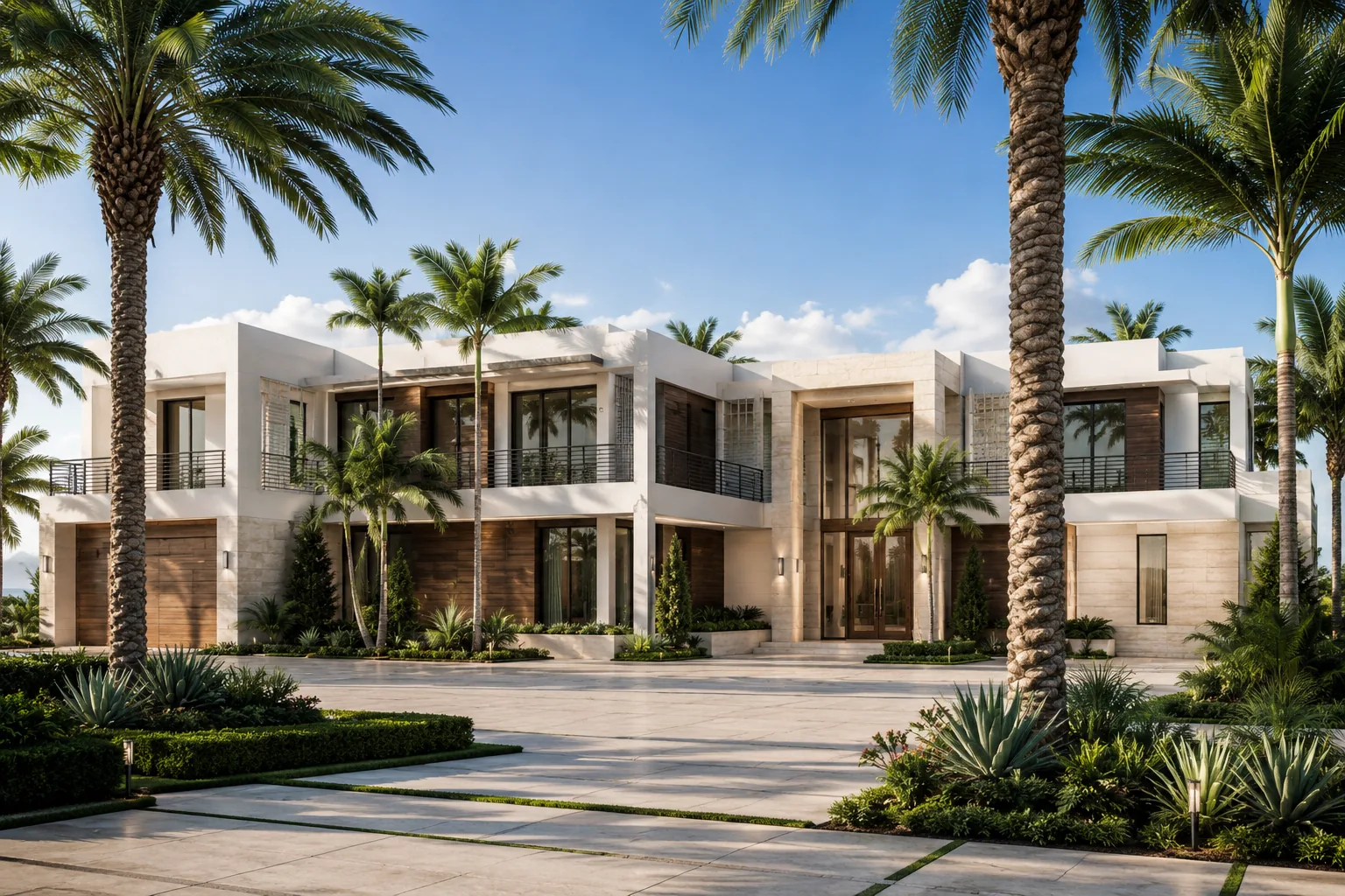 Front exterior of The Tidewater Residence in Cortesa Bay, framed by mature palm landscaping.