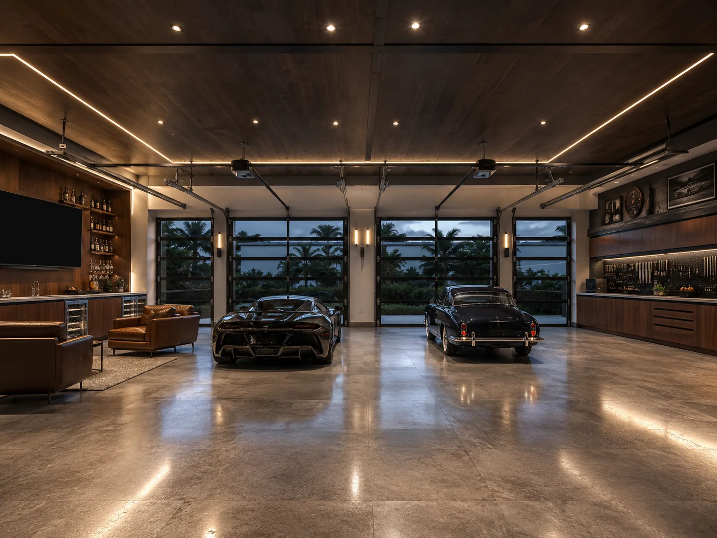 Four-car garage and collector's lounge at The Tidewater Residence.