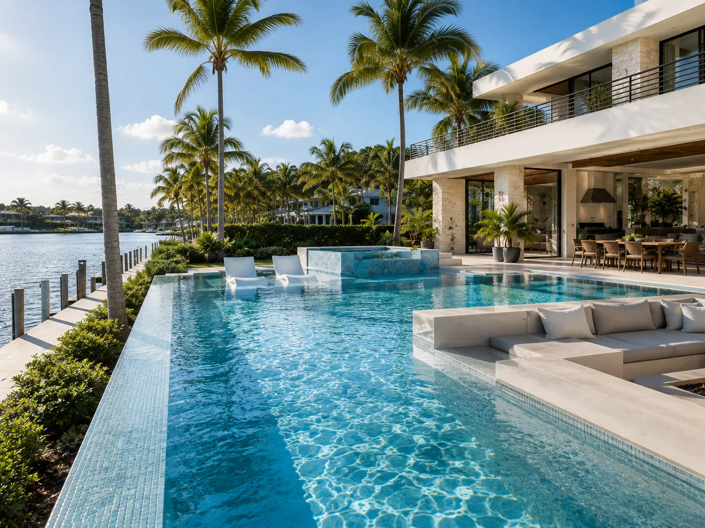 The infinity-edge pool's side profile against the water at The Tidewater Residence.