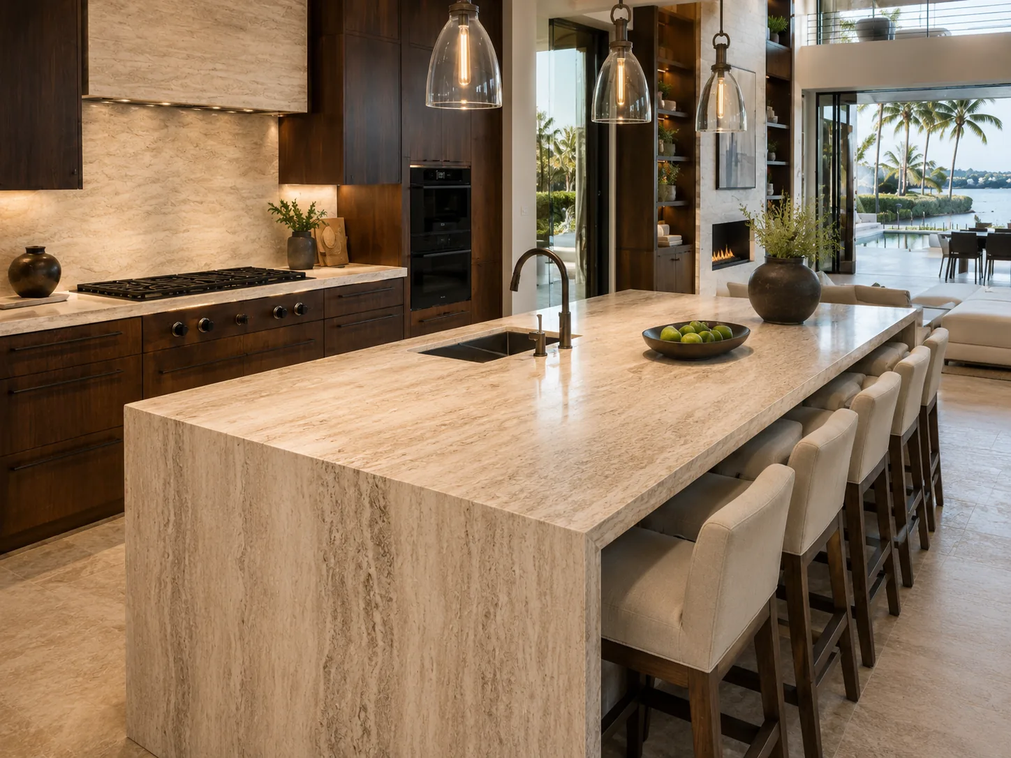 Close-up of the kitchen island's waterfall-edge marble.
