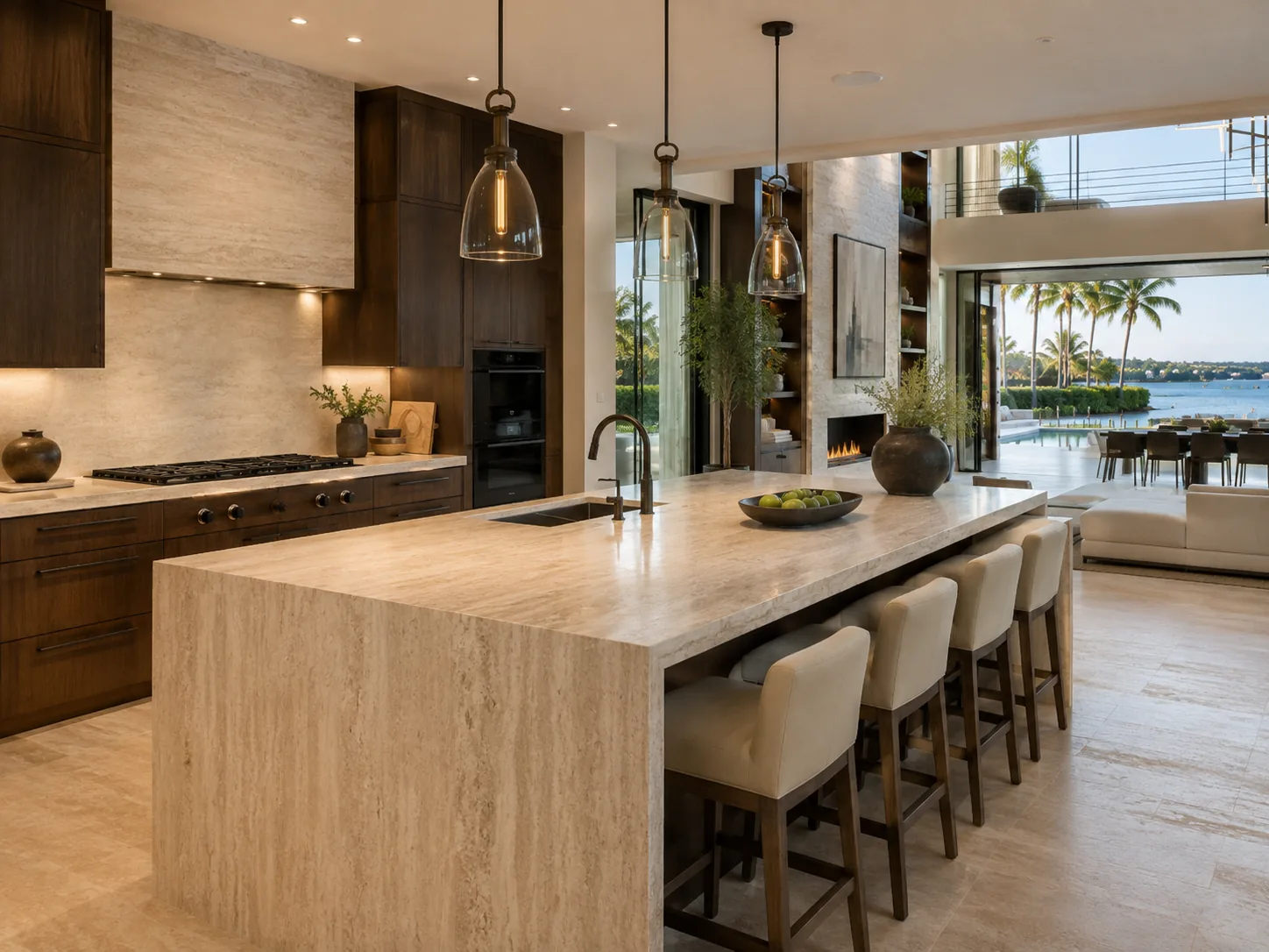 Kitchen with a waterfall-edge island at The Tidewater Residence.