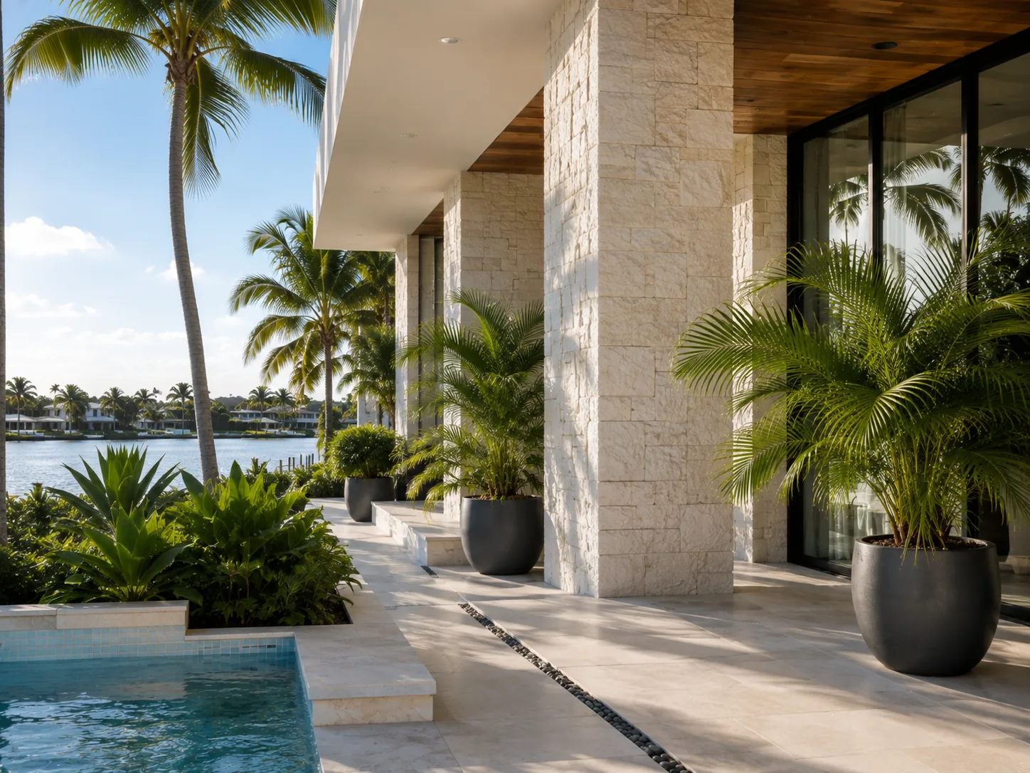 Landscaping and architectural detail along the waterfront at The Tidewater Residence.