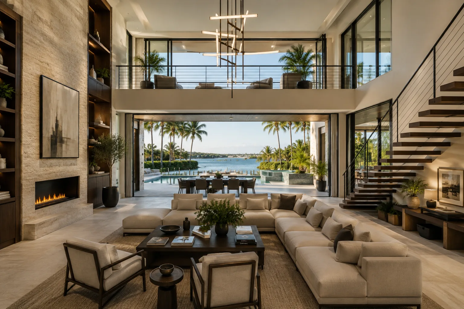 Living room at The Tidewater Residence, opening toward the water.