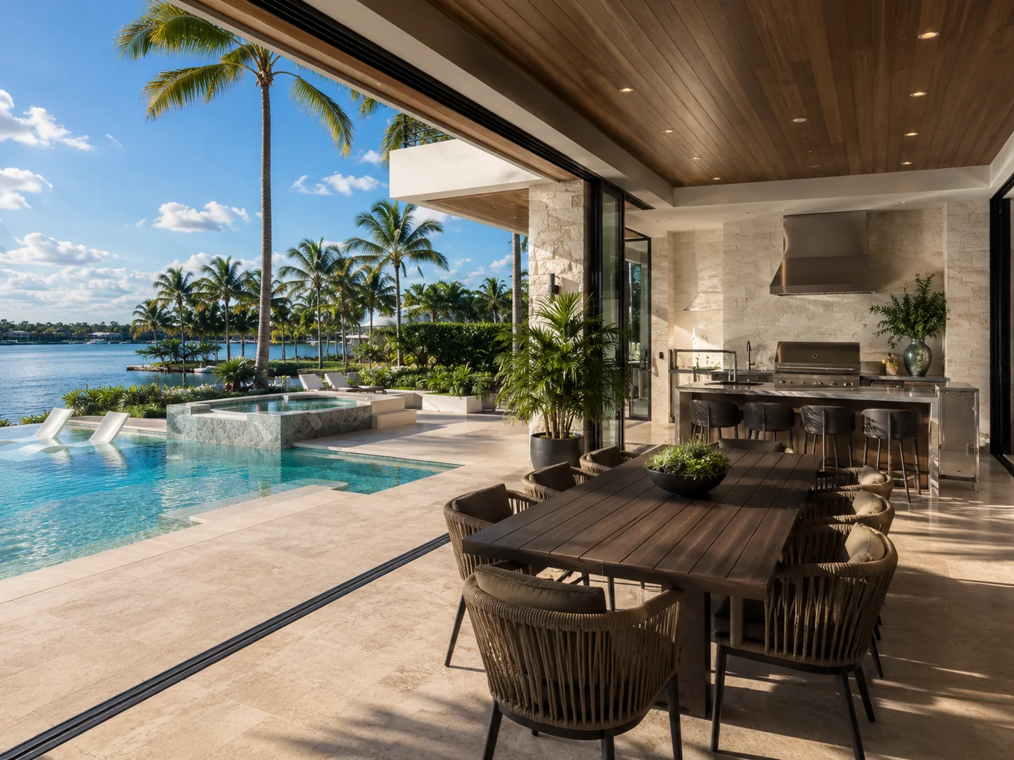 Modern outdoor kitchen and dining terrace at The Tidewater Residence.
