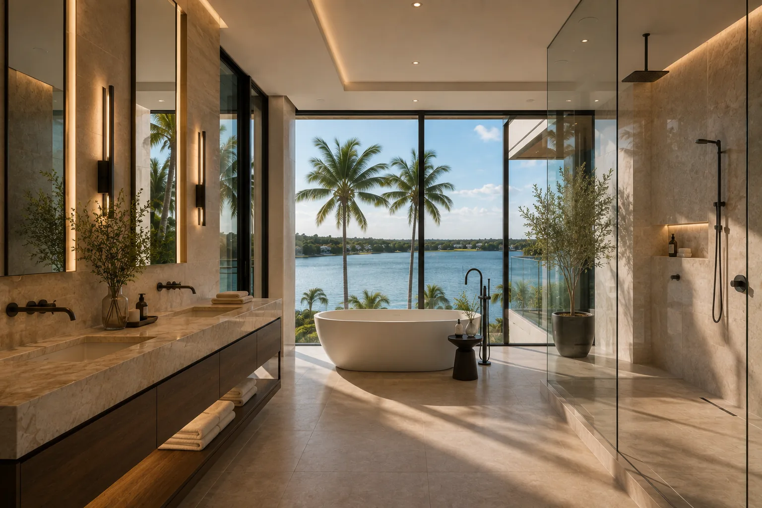 Primary bathroom with a freestanding soaking tub at The Tidewater Residence.