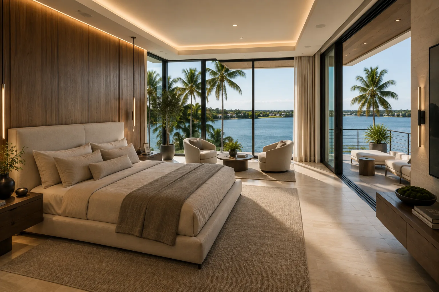 Primary suite at The Tidewater Residence, overlooking the waterfront.