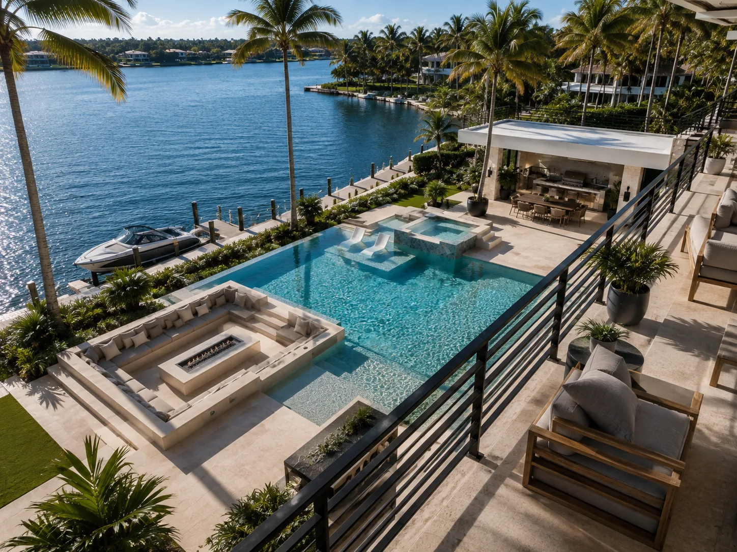 Primary suite terrace looking down toward the pool, The Tidewater Residence.