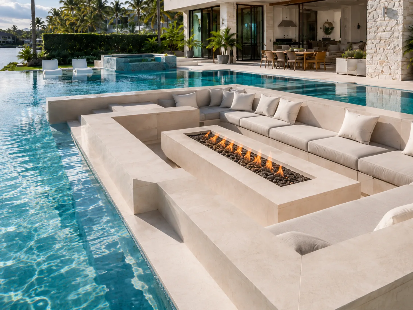 Sunken fire lounge by day at The Tidewater Residence.