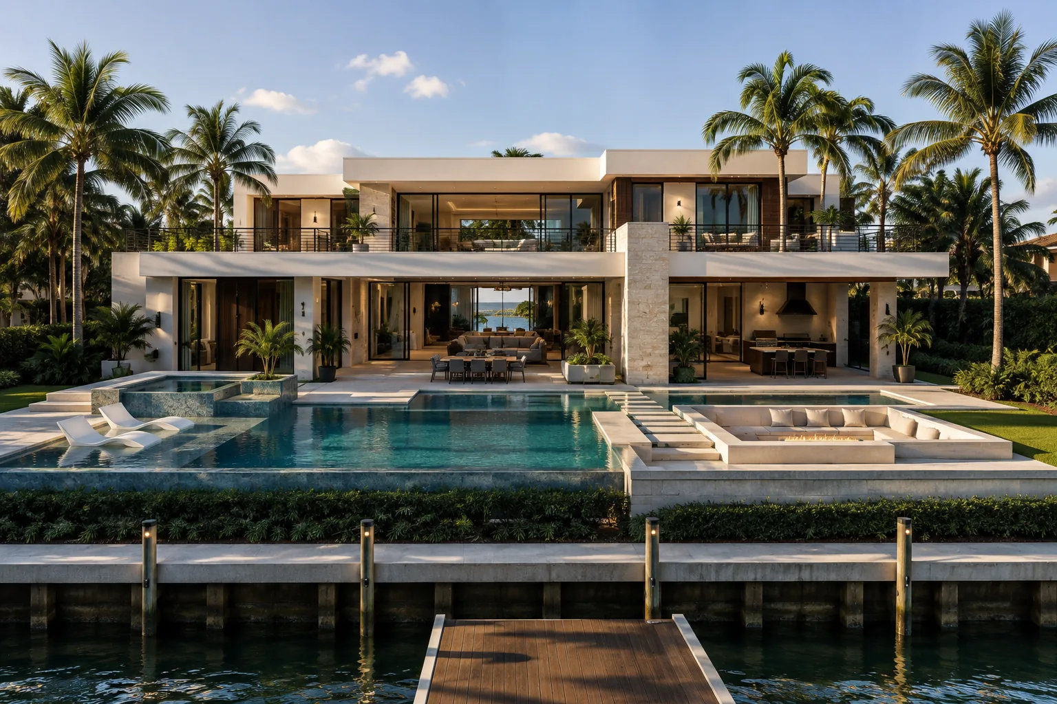 The Tidewater Residence's full water-facing elevation, seen in daylight.