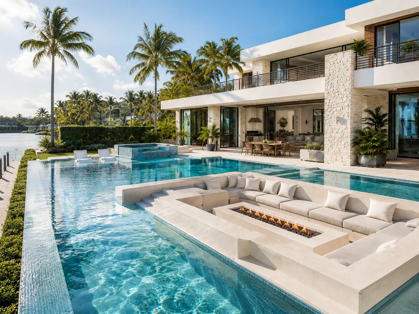 Waterfront infinity pool at The Tidewater Residence in Cortesa Bay, morning light.